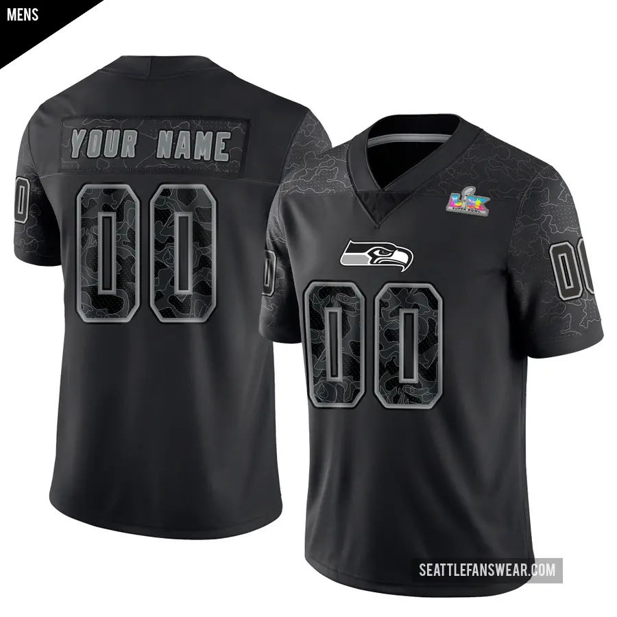 Men's Seattle Seahawks ＃00 Custom Black Limited Reflective Super Bowl LX Patch Jersey