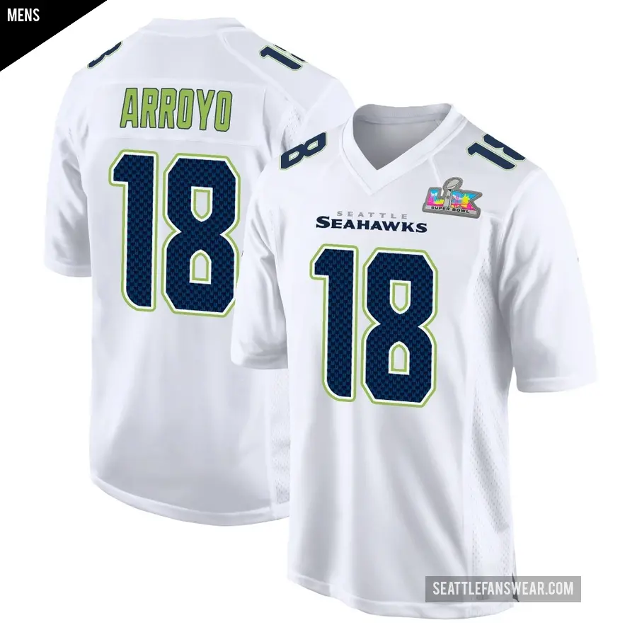Men's Seattle Seahawks ＃18 Elijah Arroyo White Game Tundra Fashion Super Bowl LX Patch Jersey