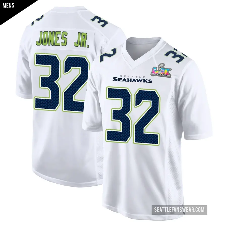 Men's Seattle Seahawks ＃32 Velus Jones Jr. White Game Tundra Fashion Super Bowl LX Patch Jersey