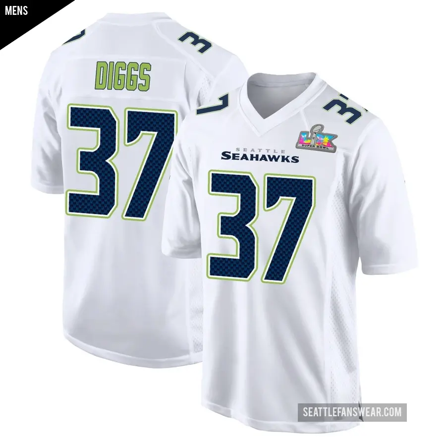 Men's Seattle Seahawks ＃37 Quandre Diggs White Game Tundra Fashion Super Bowl LX Patch Jersey