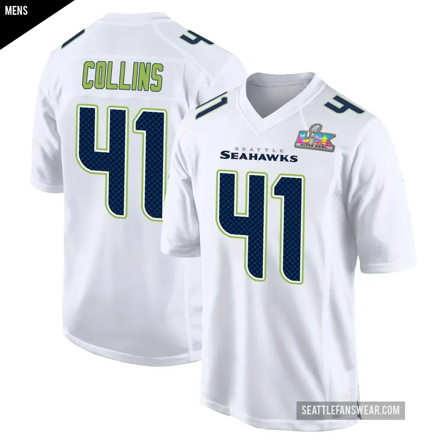 Men's Seattle Seahawks ＃41 Alex Collins White Game Tundra Fashion Super Bowl LX Patch Jersey