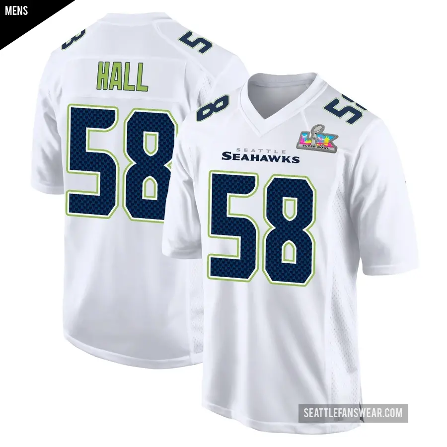Men's Seattle Seahawks ＃58 Derick Hall White Game Tundra Fashion Super Bowl LX Patch Jersey