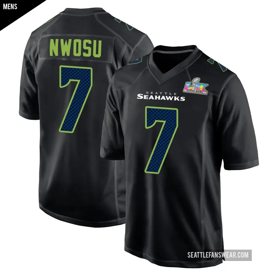 Men's Seattle Seahawks ＃7 Uchenna Nwosu Black Game Carbon Fashion Super Bowl LX Patch Jersey