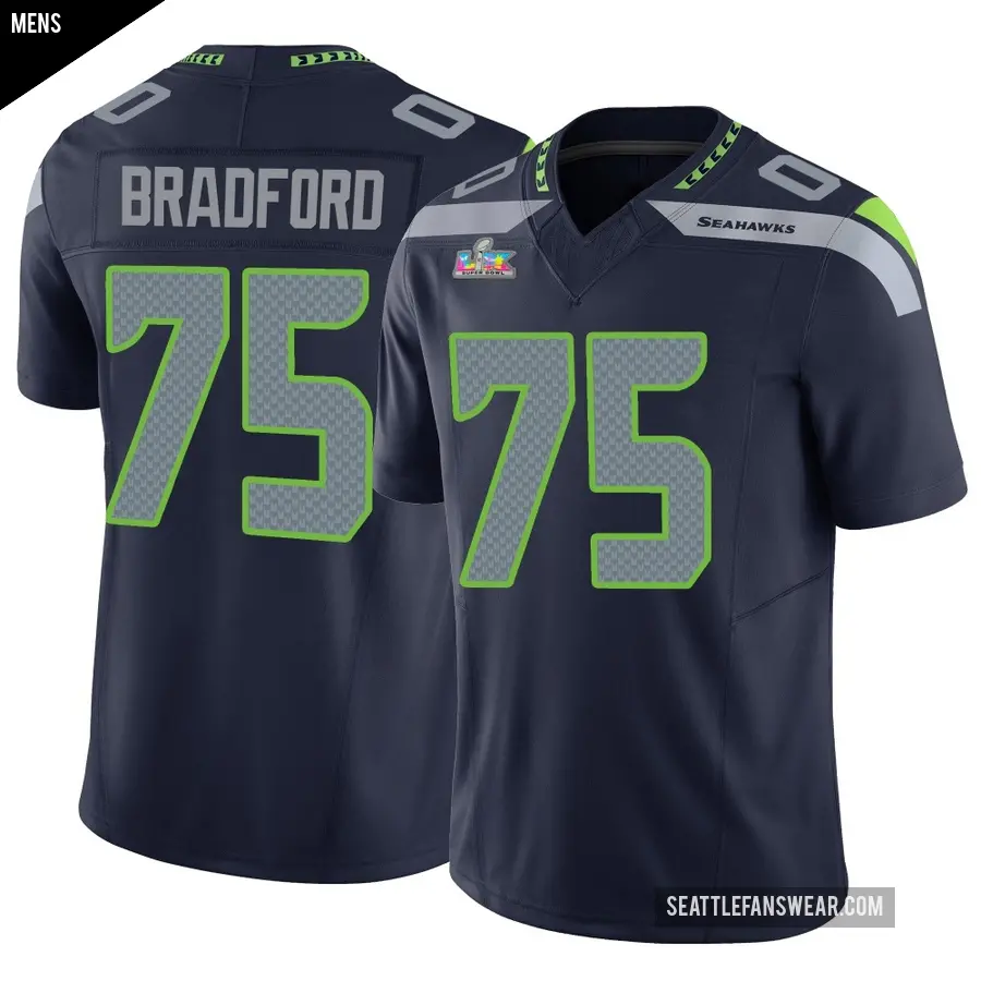 Men's Seattle Seahawks ＃75 Anthony Bradford Navy Limited Vapor F.U.S.E. Super Bowl LX Patch Jersey