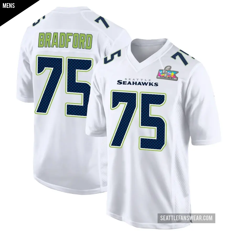 Men's Seattle Seahawks ＃75 Anthony Bradford White Game Tundra Fashion Super Bowl LX Patch Jersey