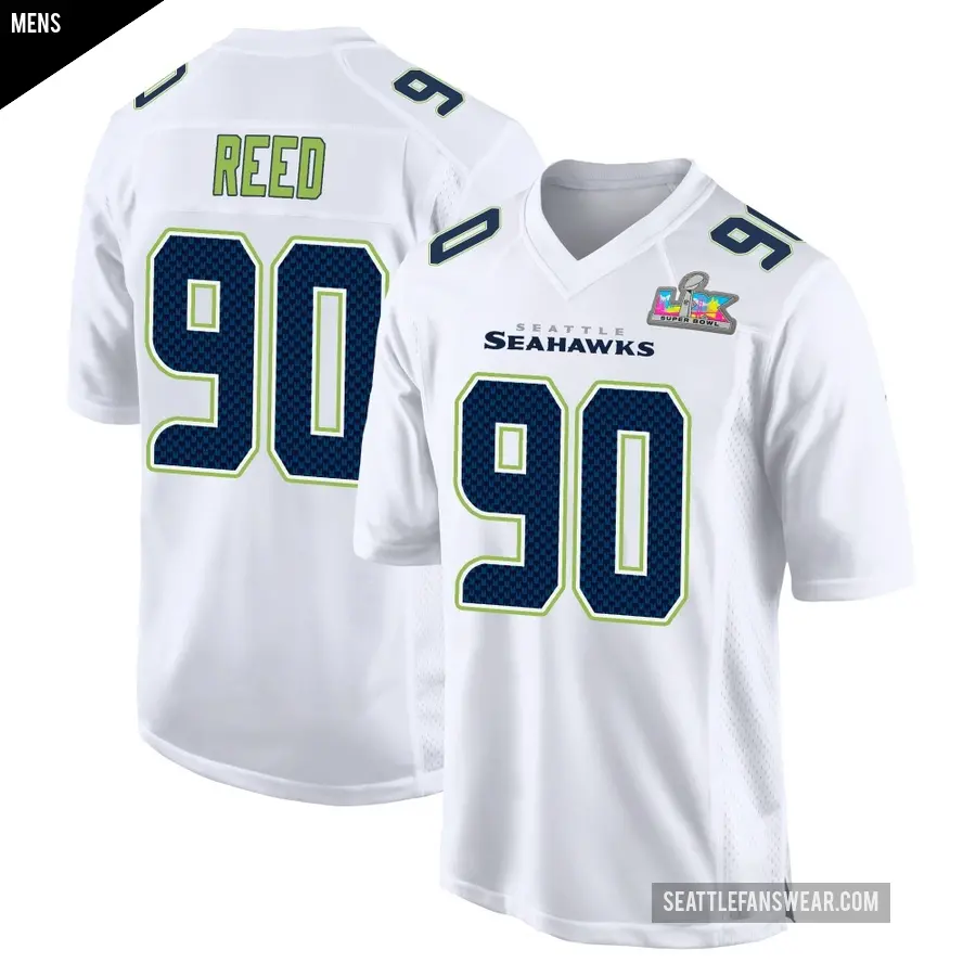 Men's Seattle Seahawks ＃90 Jarran Reed White Game Tundra Fashion Super Bowl LX Patch Jersey
