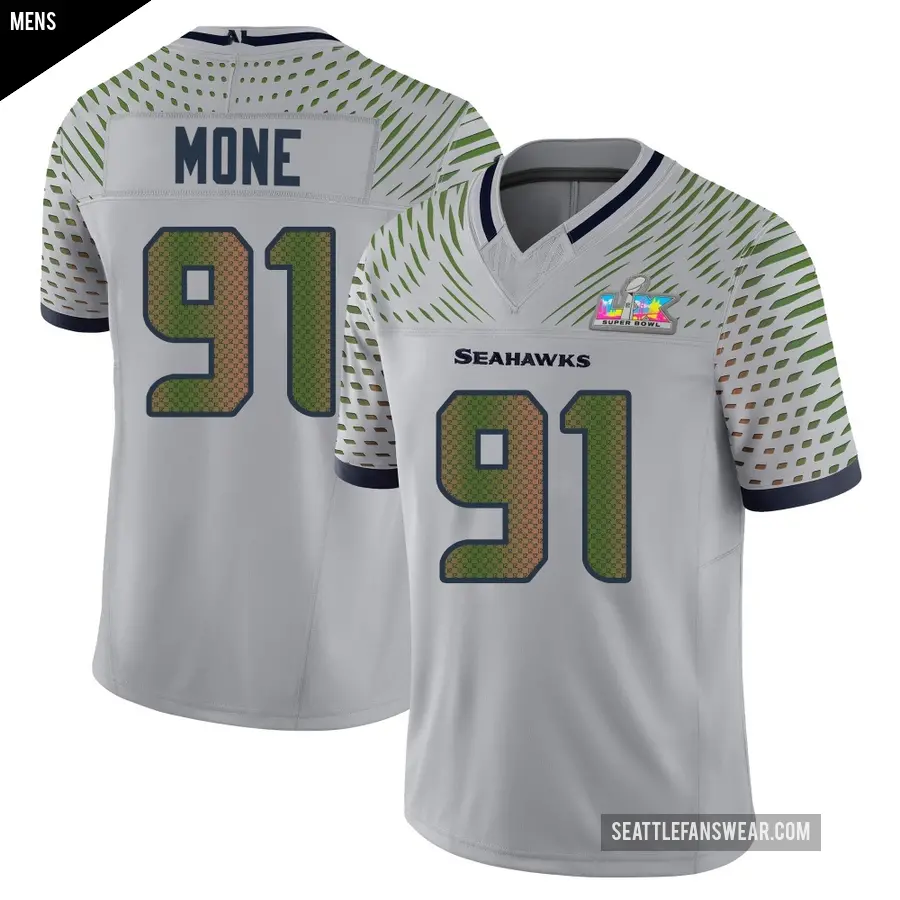 Men's Seattle Seahawks ＃91 Bryan Mone Gray Limited Wolf 2025 Rivalries Collection Super Bowl LX Patch Jersey