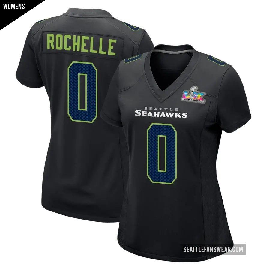 Women's Seattle Seahawks ＃0 Rashad Rochelle Black Game Carbon Fashion Super Bowl LX Patch Jersey