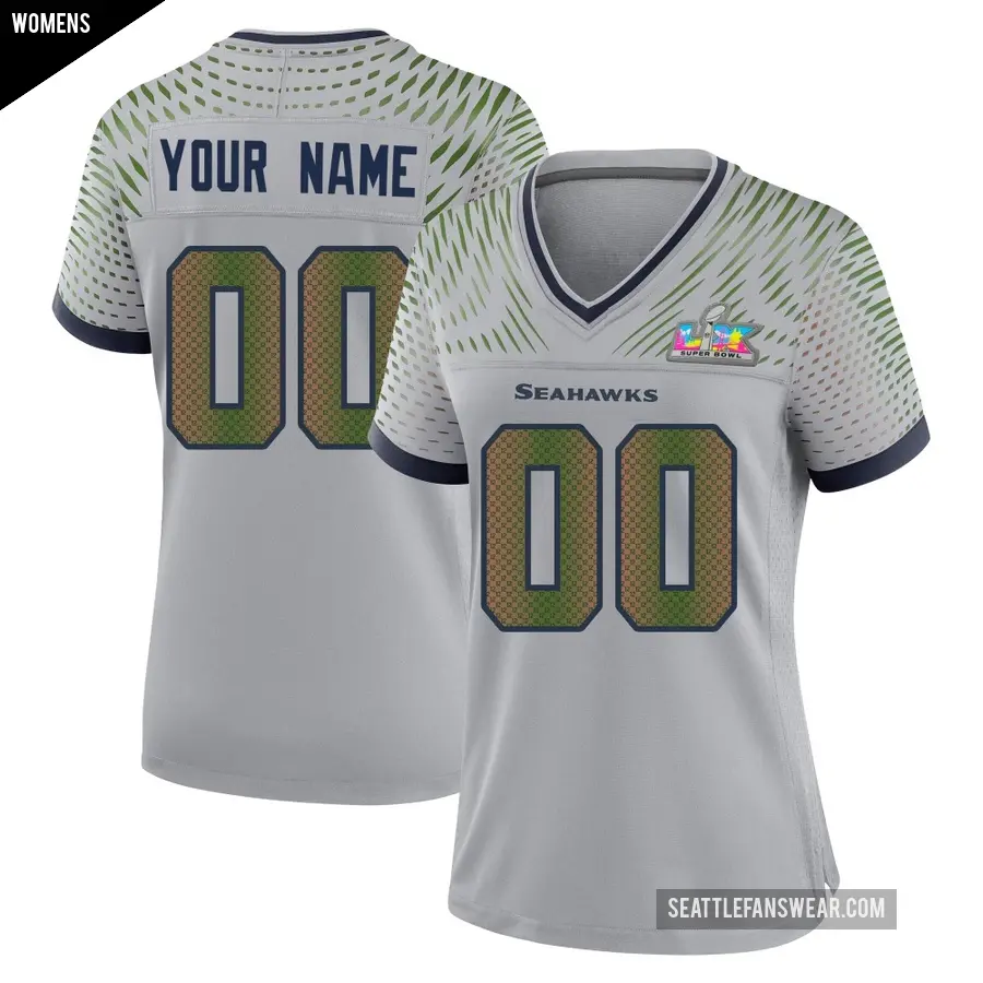 Women's Seattle Seahawks ＃00 Custom Gray Game Wolf 2025 Rivalries Collection Super Bowl LX Patch Jersey