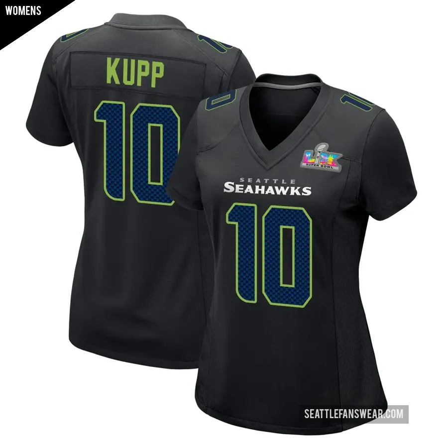 Women's Seattle Seahawks ＃10 Cooper Kupp Black Game Carbon Fashion Super Bowl LX Patch Jersey