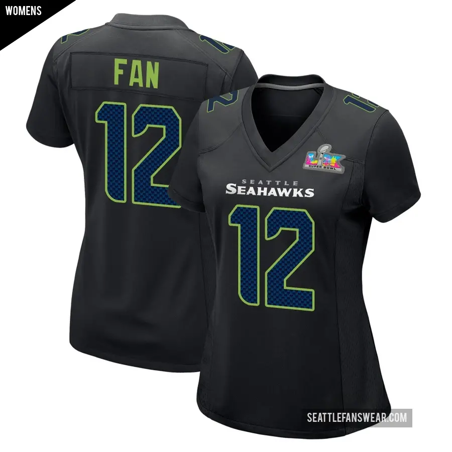 Women's Seattle Seahawks ＃12 12th Fan Black Game Carbon Fashion Super Bowl LX Patch Jersey