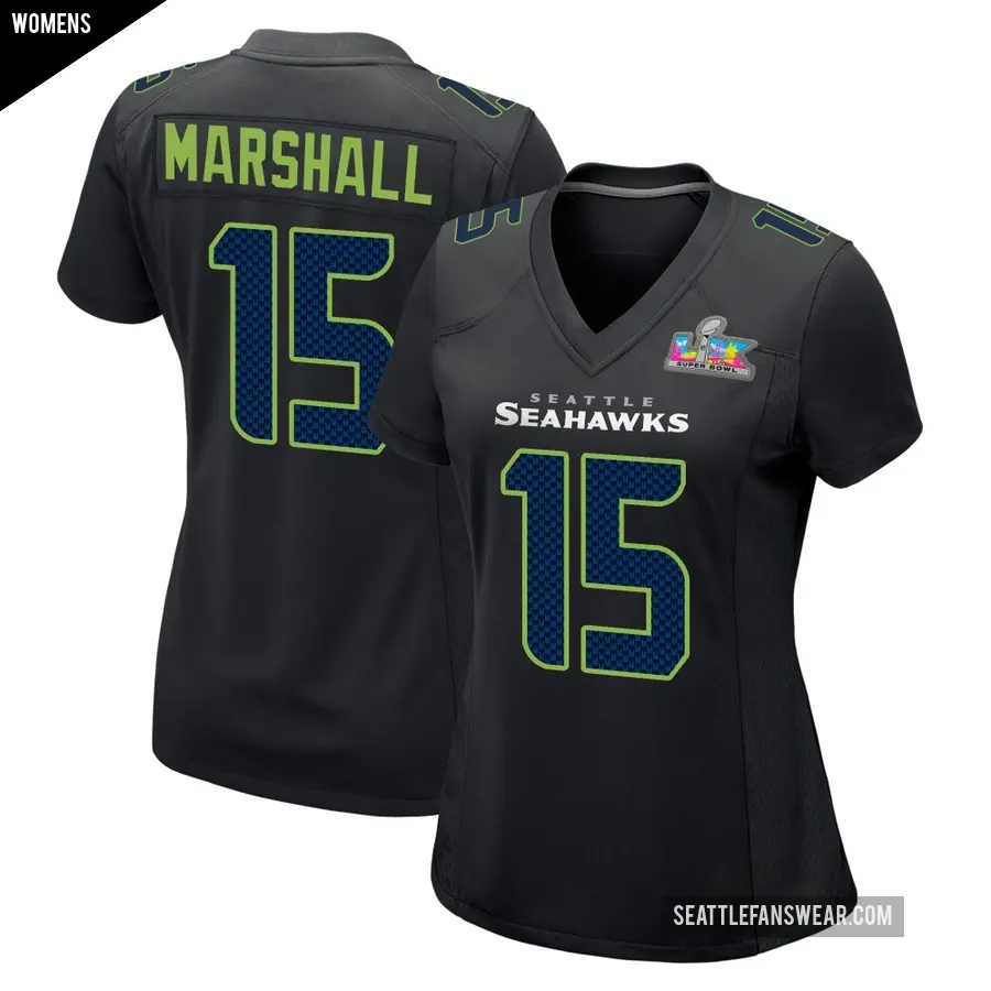 Women's Seattle Seahawks ＃15 Brandon Marshall Black Game Carbon Fashion Super Bowl LX Patch Jersey