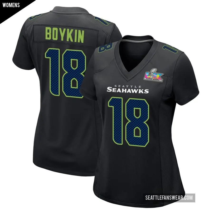 Women's Seattle Seahawks ＃18 Lance Boykin Black Game Carbon Fashion Super Bowl LX Patch Jersey
