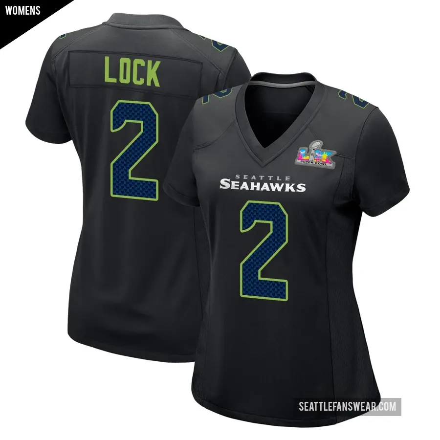 Women's Seattle Seahawks ＃2 Drew Lock Black Game Carbon Fashion Super Bowl LX Patch Jersey