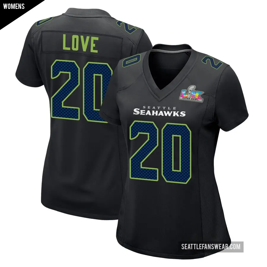 Women's Seattle Seahawks ＃20 Julian Love Black Game Carbon Fashion Super Bowl LX Patch Jersey