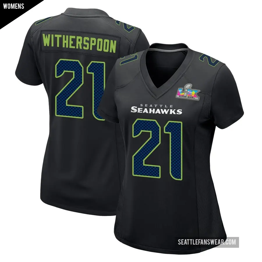 Women's Seattle Seahawks ＃21 Devon Witherspoon Black Game Carbon Fashion Super Bowl LX Patch Jersey