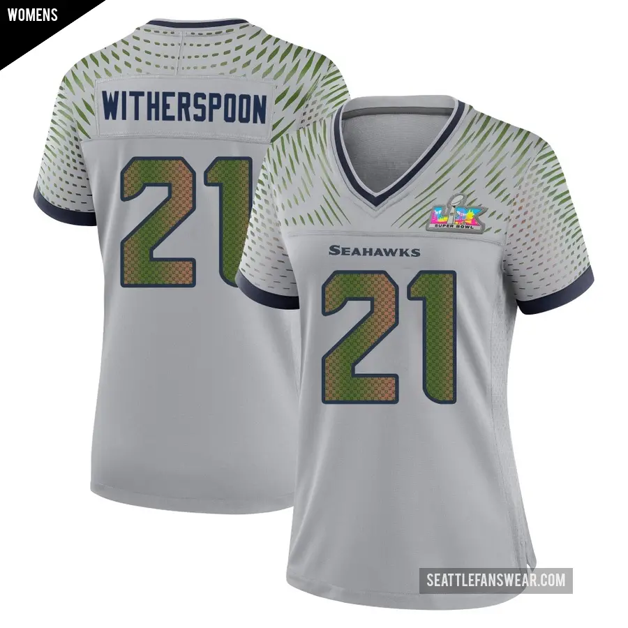 Women's Seattle Seahawks ＃21 Devon Witherspoon Gray Game Wolf 2025 Rivalries Collection Super Bowl LX Patch Jersey