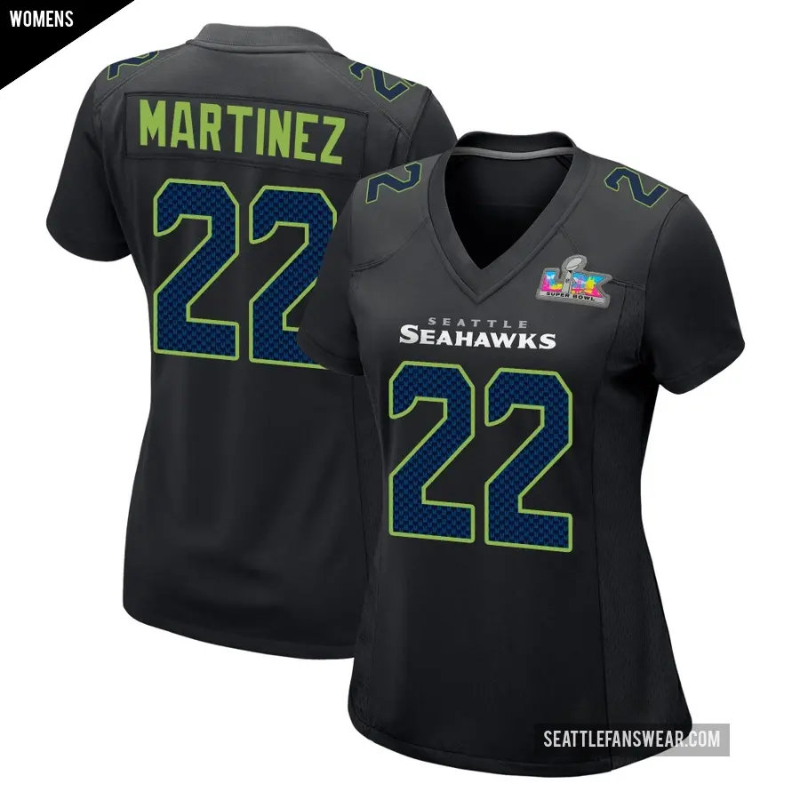 Women's Seattle Seahawks ＃22 Damien Martinez Black Game Carbon Fashion Super Bowl LX Patch Jersey