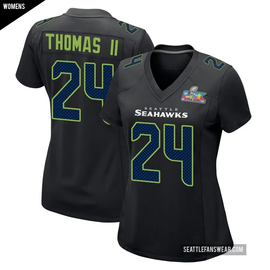 Women's Seattle Seahawks ＃24 Rodney Thomas II Black Game Carbon Fashion Super Bowl LX Patch Jersey