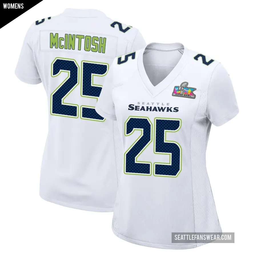 Women's Seattle Seahawks ＃25 Kenny McIntosh White Game Tundra Fashion Super Bowl LX Patch Jersey