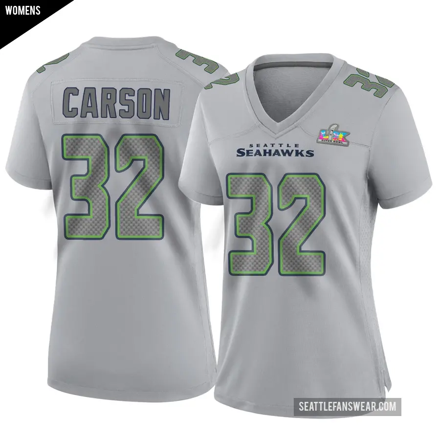 Women's Seattle Seahawks ＃32 Chris Carson Gray Game Atmosphere Fashion Super Bowl LX Patch Jersey