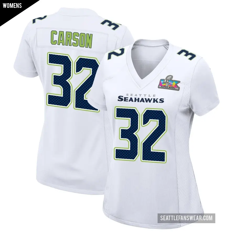 Women's Seattle Seahawks ＃32 Chris Carson White Game Tundra Fashion Super Bowl LX Patch Jersey