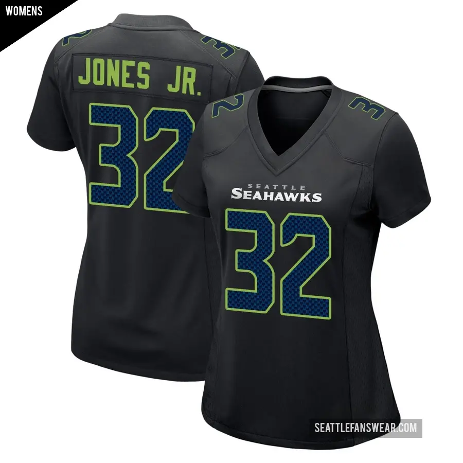 Women's Seattle Seahawks ＃32 Velus Jones Jr. Black Game Carbon Fashion Jersey