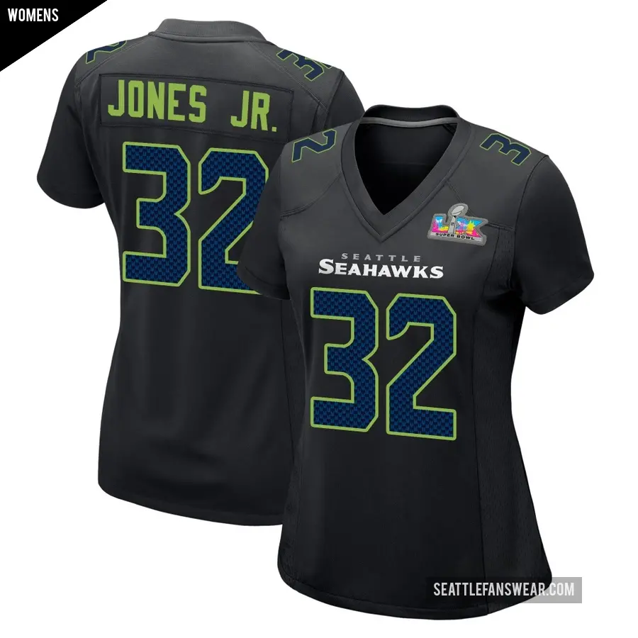 Women's Seattle Seahawks ＃32 Velus Jones Jr. Black Game Carbon Fashion Super Bowl LX Patch Jersey