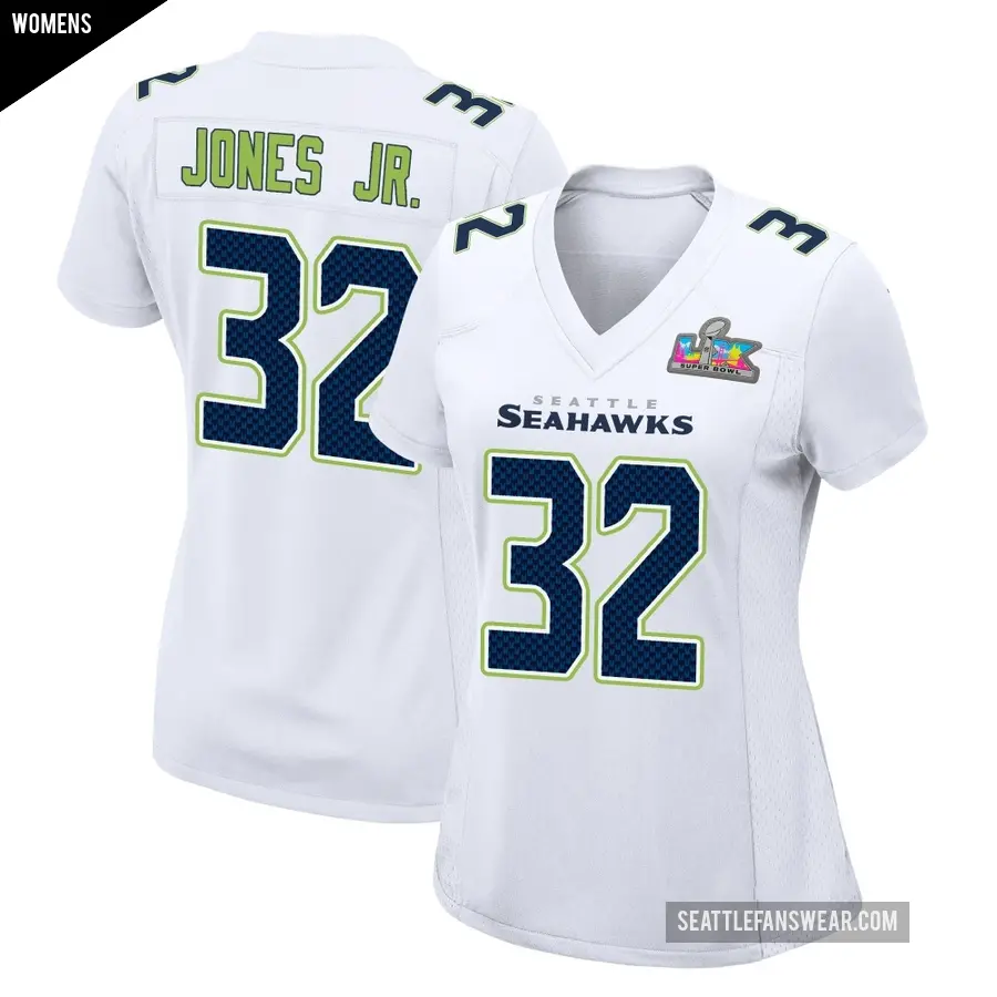 Women's Seattle Seahawks ＃32 Velus Jones Jr. White Game Tundra Fashion Super Bowl LX Patch Jersey