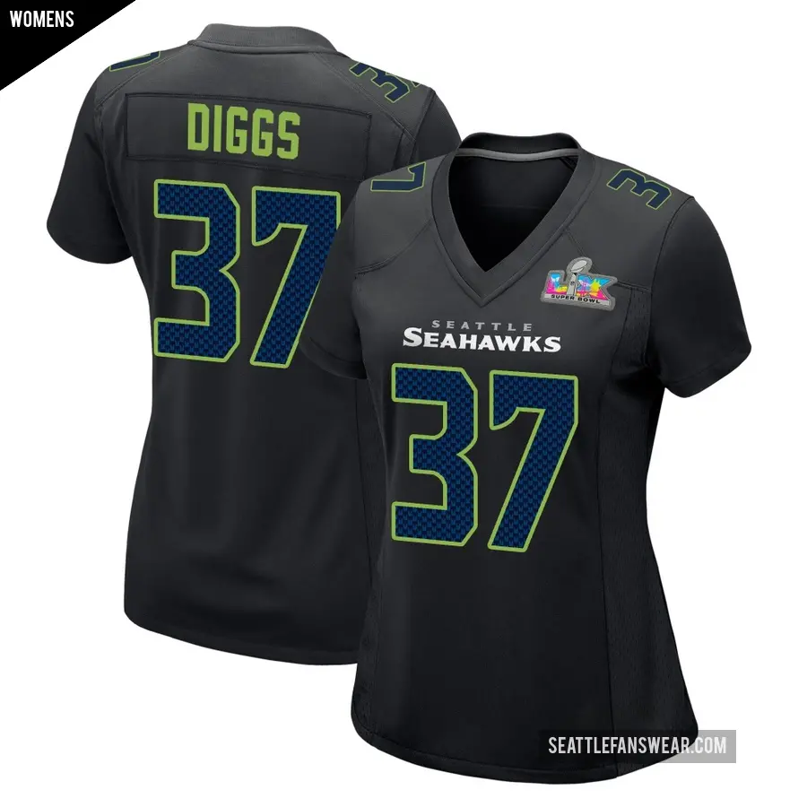 Women's Seattle Seahawks ＃37 Quandre Diggs Black Game Carbon Fashion Super Bowl LX Patch Jersey