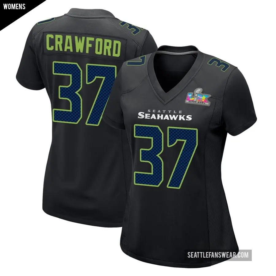 Women's Seattle Seahawks ＃37 Xavier Crawford Black Game Carbon Fashion Super Bowl LX Patch Jersey