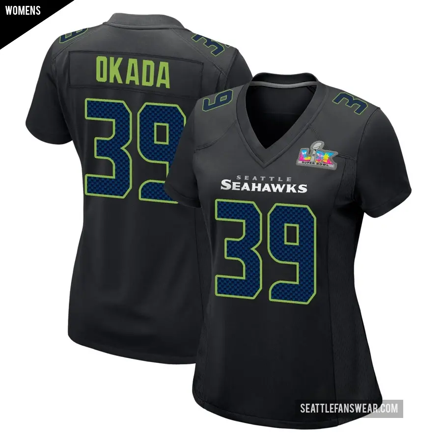 Women's Seattle Seahawks ＃39 Ty Okada Black Game Carbon Fashion Super Bowl LX Patch Jersey