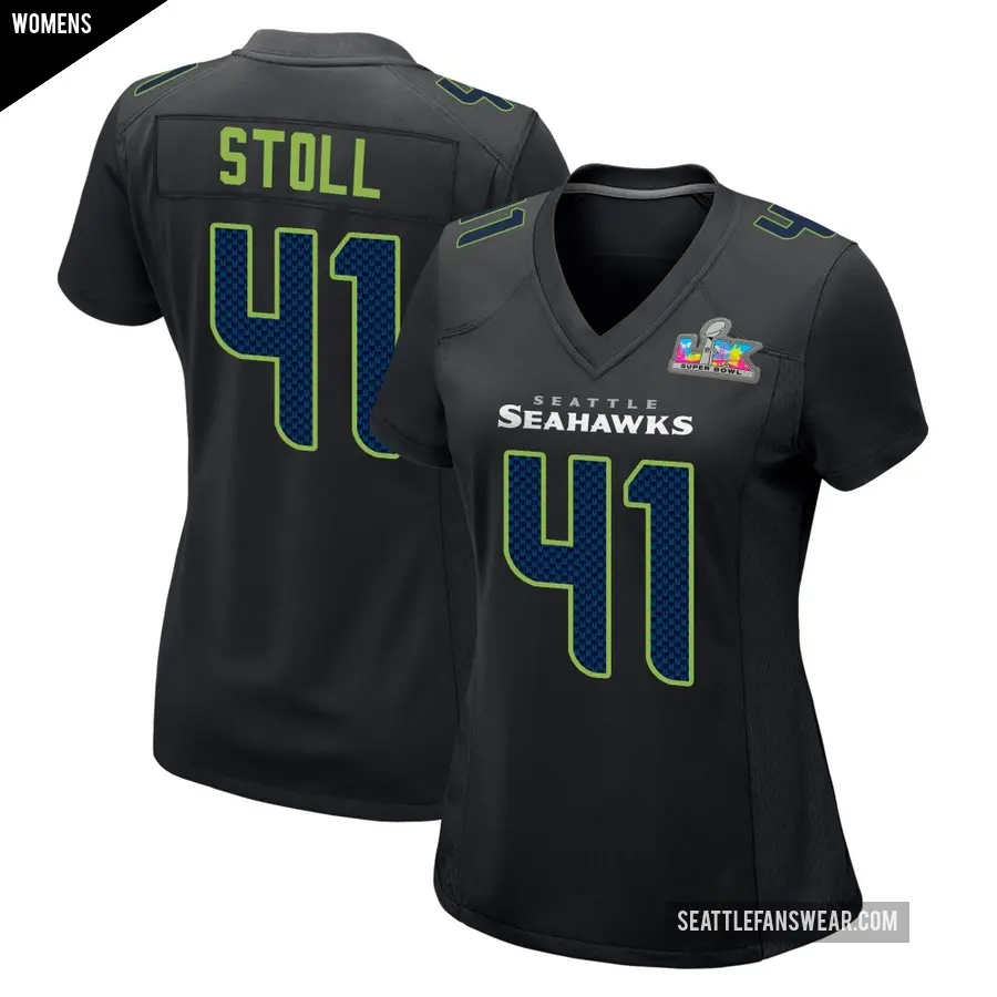 Women's Seattle Seahawks ＃41 Chris Stoll Black Game Carbon Fashion Super Bowl LX Patch Jersey
