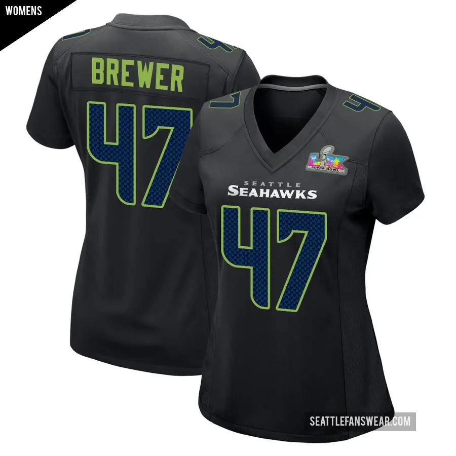 Women's Seattle Seahawks ＃47 Cade Brewer Black Game Carbon Fashion Super Bowl LX Patch Jersey