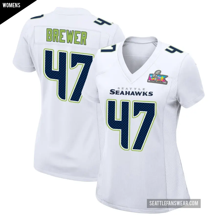 Women's Seattle Seahawks ＃47 Cade Brewer White Game Tundra Fashion Super Bowl LX Patch Jersey
