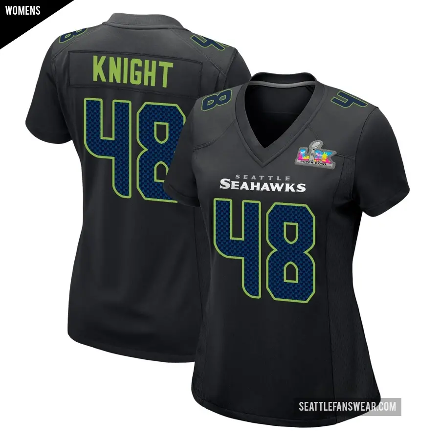 Women's Seattle Seahawks ＃48 Tyrice Knight Black Game Carbon Fashion Super Bowl LX Patch Jersey