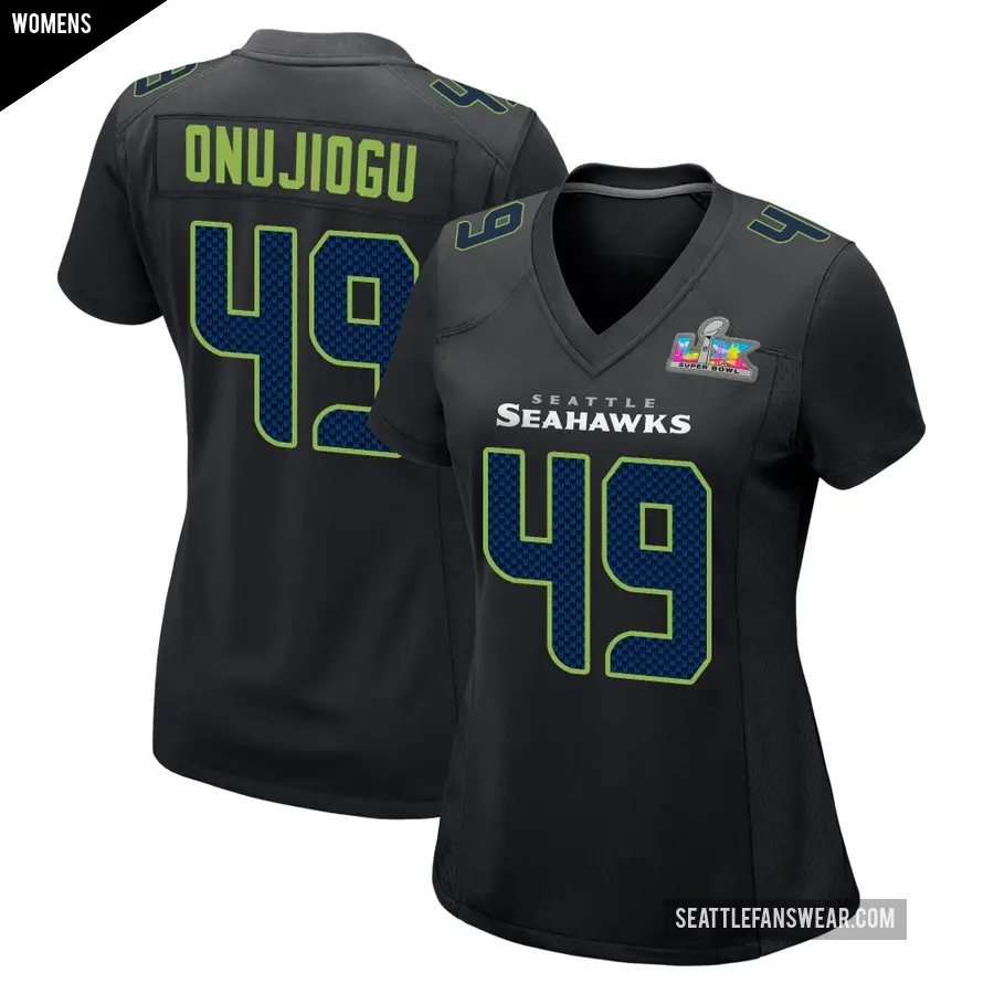 Women's Seattle Seahawks ＃49 Joshua Onujiogu Black Game Carbon Fashion Super Bowl LX Patch Jersey