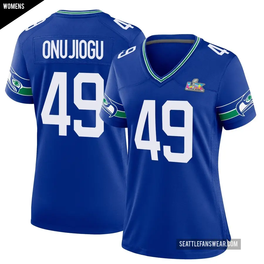 Women's Seattle Seahawks ＃49 Joshua Onujiogu Royal Game Throwback Super Bowl LX Patch Jersey