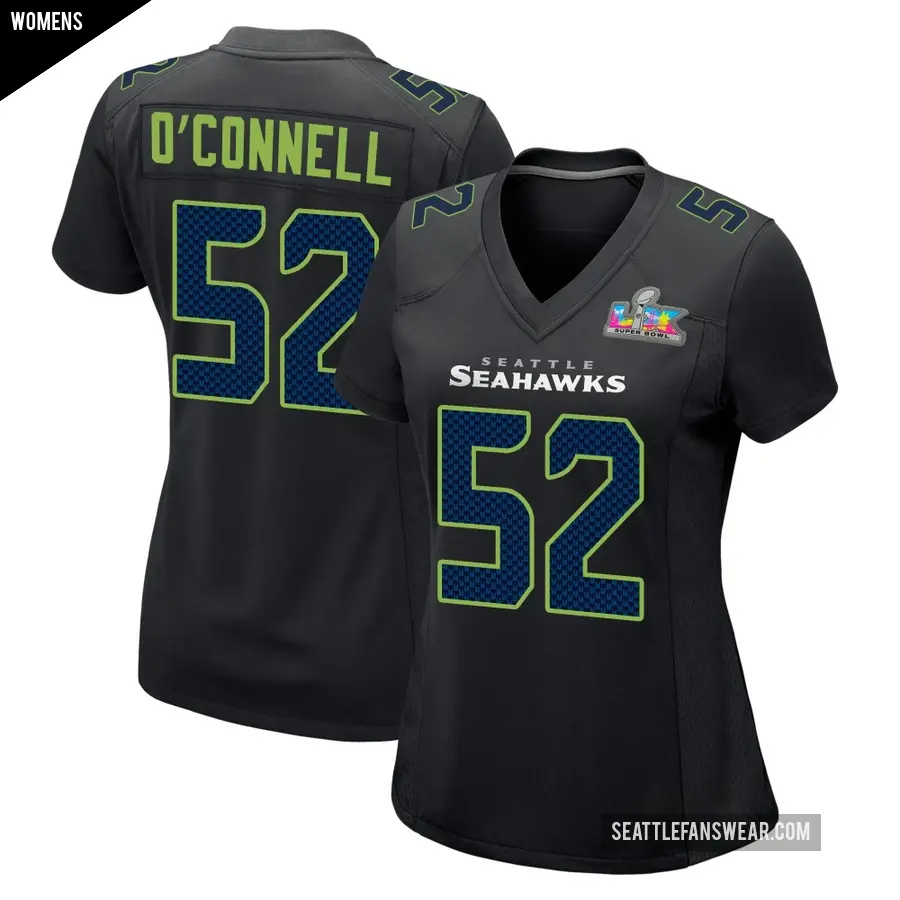 Women's Seattle Seahawks ＃52 Patrick O'Connell Black Game Carbon Fashion Super Bowl LX Patch Jersey