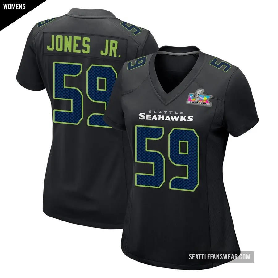 Women's Seattle Seahawks ＃59 Marvin Jones Jr. Black Game Carbon Fashion Super Bowl LX Patch Jersey