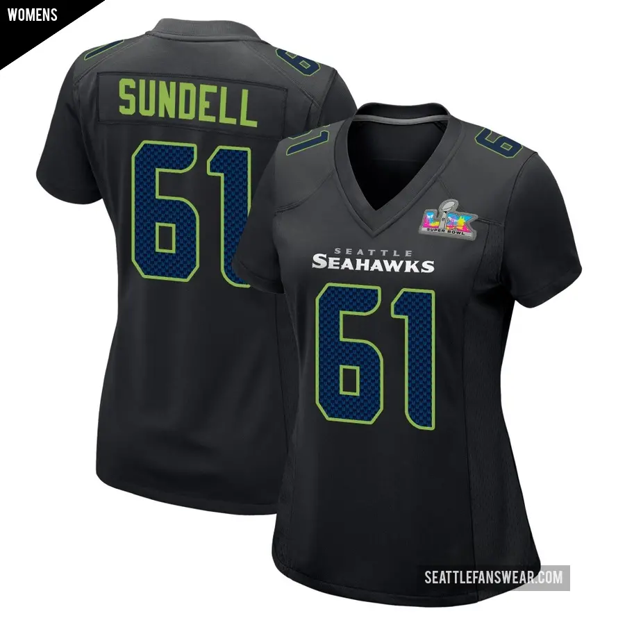 Women's Seattle Seahawks ＃61 Jalen Sundell Black Game Carbon Fashion Super Bowl LX Patch Jersey