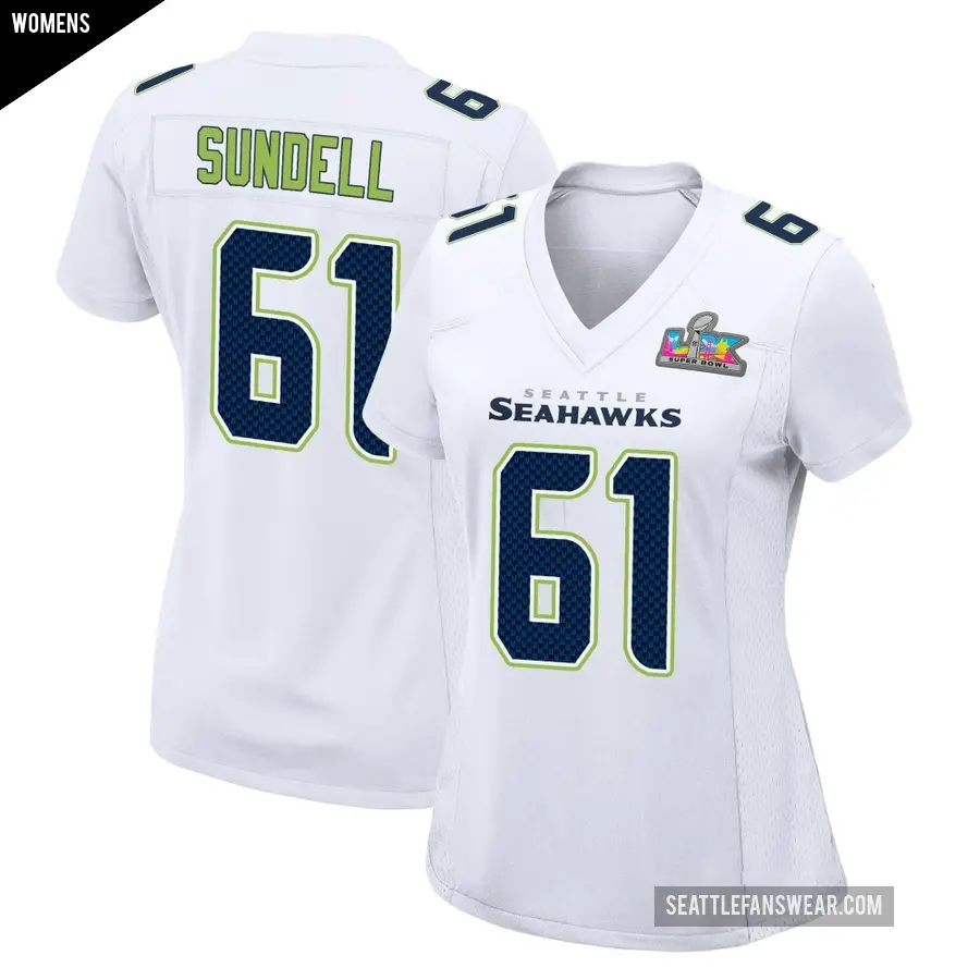 Women's Seattle Seahawks ＃61 Jalen Sundell White Game Tundra Fashion Super Bowl LX Patch Jersey