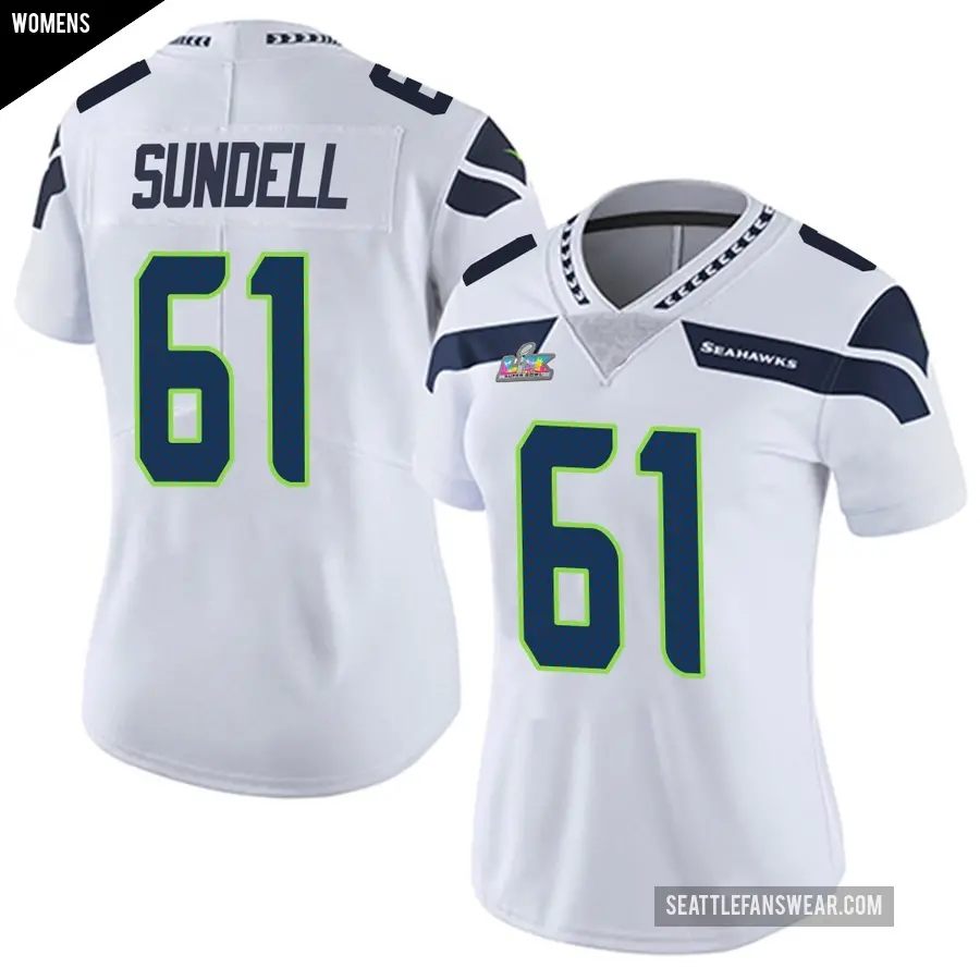 Women's Seattle Seahawks ＃61 Jalen Sundell White Limited Vapor Untouchable Super Bowl LX Patch Jersey