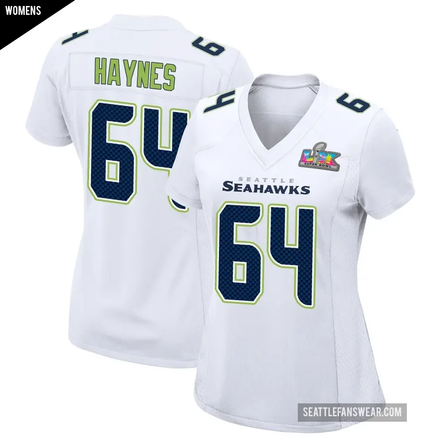 Women's Seattle Seahawks ＃64 Christian Haynes White Game Tundra Fashion Super Bowl LX Patch Jersey