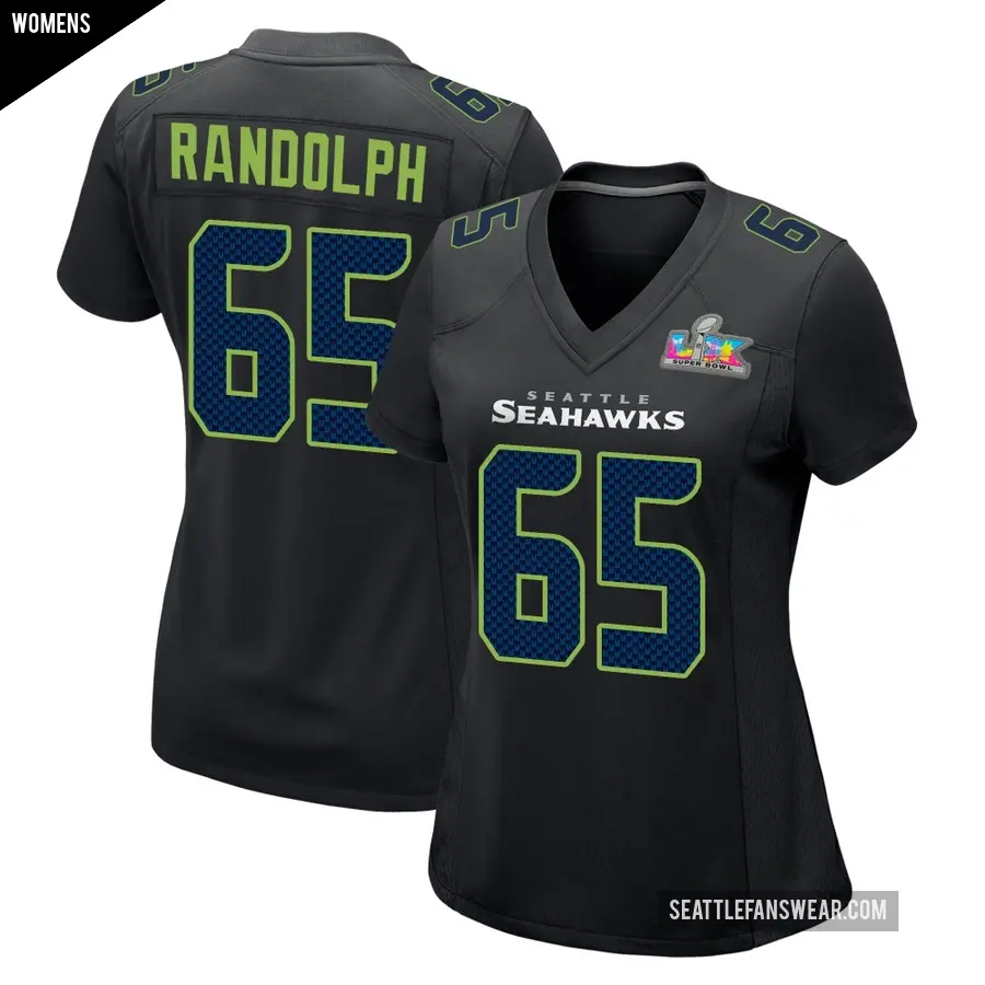 Women's Seattle Seahawks ＃65 Kendall Randolph Black Game Carbon Fashion Super Bowl LX Patch Jersey