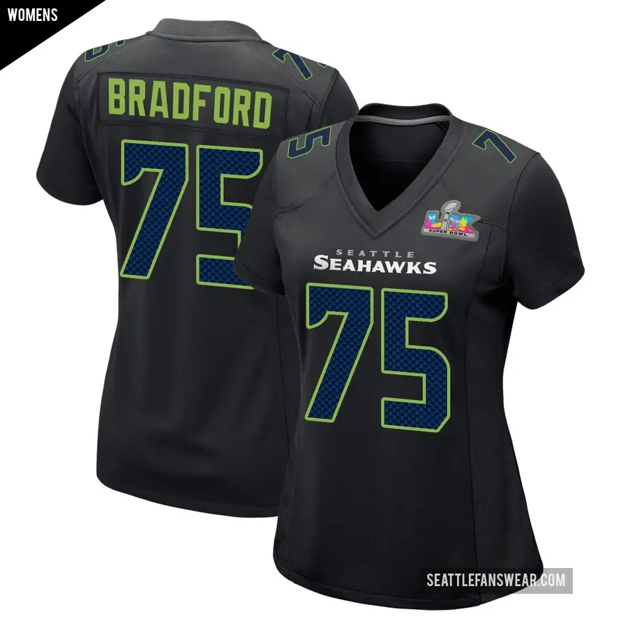 Women's Seattle Seahawks ＃75 Anthony Bradford Black Game Carbon Fashion Super Bowl LX Patch Jersey
