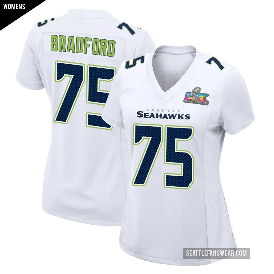 Women's Seattle Seahawks ＃75 Anthony Bradford White Game Tundra Fashion Super Bowl LX Patch Jersey