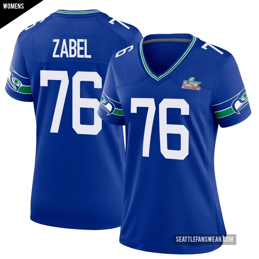Women's Seattle Seahawks ＃76 Grey Zabel Royal Game Throwback Super Bowl LX Patch Jersey