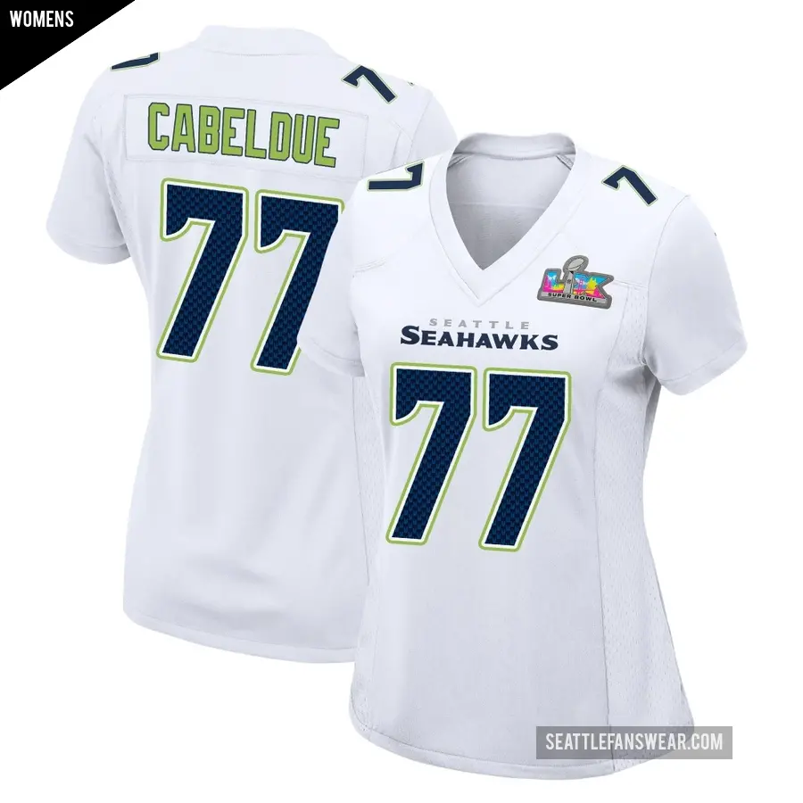 Women's Seattle Seahawks ＃77 Bryce Cabeldue White Game Tundra Fashion Super Bowl LX Patch Jersey