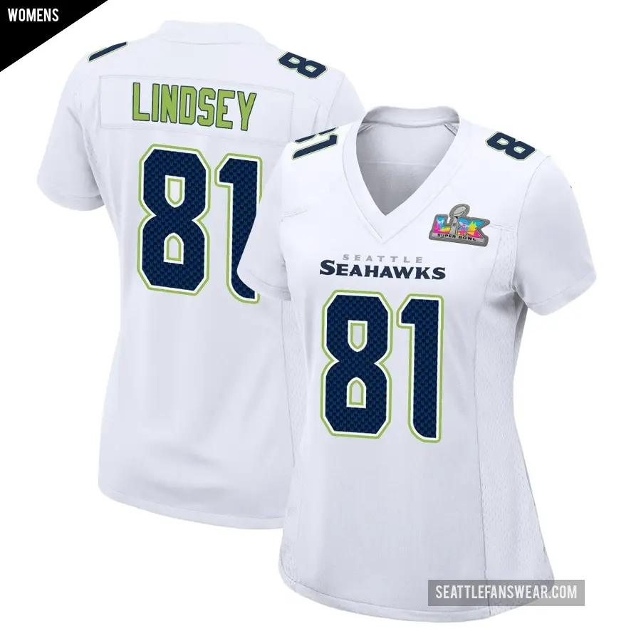 Women's Seattle Seahawks ＃81 Tyjon Lindsey White Game Tundra Fashion Super Bowl LX Patch Jersey